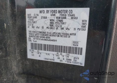 2006 Ford F150 из США, поврежденный, VIN 1FTPX14V96NA94591